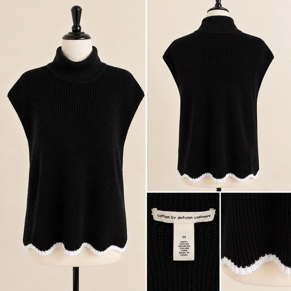 Cotton by Autumn Cashmere Sweater Vest Womens M Black Scalloped Hem Turtleneck